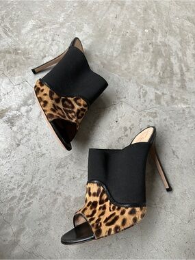 Gianvito Rossi Leopard Slide Pony Hair Heels 39.5 black leather